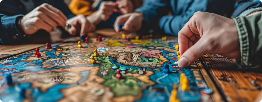 Mensen spelen een bordspel met een kaart en plaatsen fiches op het speelbord