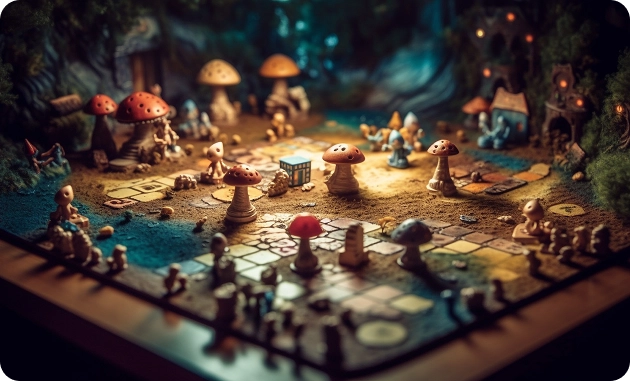 Een sfeervol speelveld met miniaturen en paddenstoelen in fantasystijl