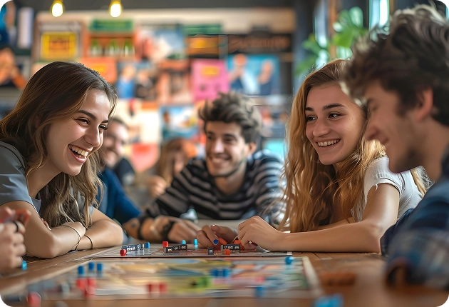 Een groep vrienden speelt een bordspel aan tafel en lacht
