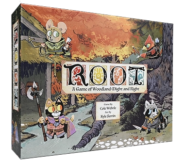 De doos van het bordspel Root met illustraties van bosdieren in fantasystijl