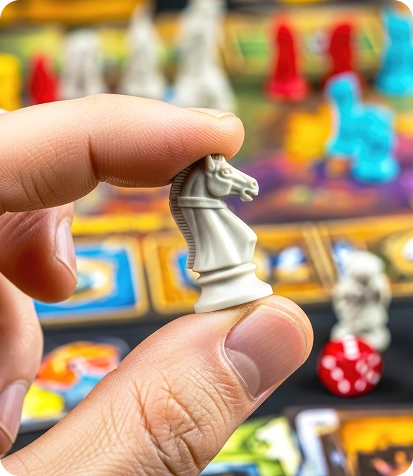 Een hand houdt een paardenfiguurtje boven het speelveld van een bordspel