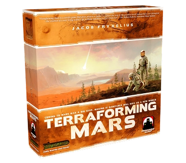De doos van het bordspel Terraforming Mars met kolonisten op het oppervlak van Mars